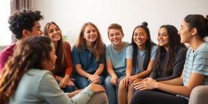 Diverse teens in a therapy session discussing their feelings.