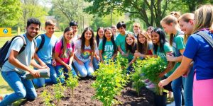 Diverse youth collaborating on community service projects outdoors.