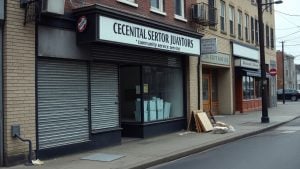 Closed storefront of a homeless services nonprofit.