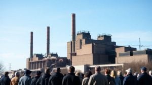 Industrial facility with concerned people in the foreground.
