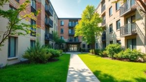 Modern apartment building with green landscaping and pathway.
