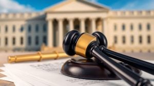 Gavel on legal documents near courthouse