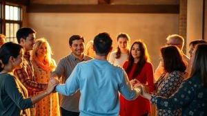 People holding hands in a circle with warm light.