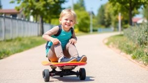 Child with disability rides adaptive skateboard outdoors.
