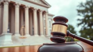 Courthouse with gavel and scales of justice.