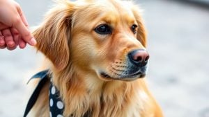 Golden retriever with bandana looking at a hand.