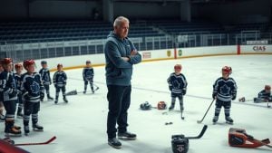 Concerned youth hockey coach and team on ice rink