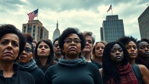 Diverse people united, city background, American flags, dramatic sky