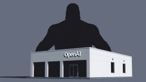 OpenAI logo on building with shadowy figure looming over.