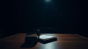 Courthouse at midnight with gavel and document.