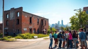 Teens at renovated building with construction workers nearby.