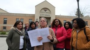 Community members with legal papers outside city hall.