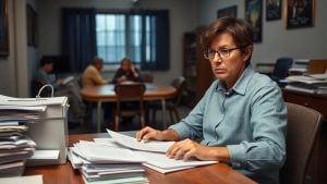 Nonprofit office scene with worried staff and empty chairs