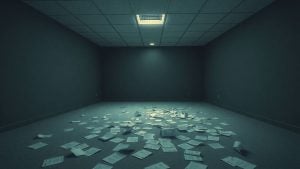 Empty office with scattered papers, conveying closure.