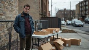 Sad volunteer stands by empty table after theft