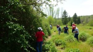 Volunteers clear invasive vine from green forest