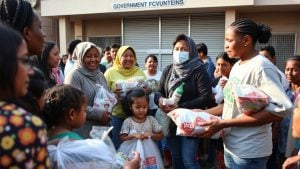 Volunteers helping families outside a closed government building
