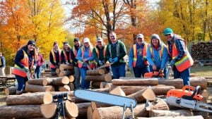 Volunteers splitting firewood for a cancer charity event.