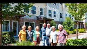 Seniors outside modern apartment building with greenery