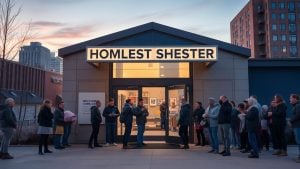 Volunteers greet people at new homeless shelter entrance.